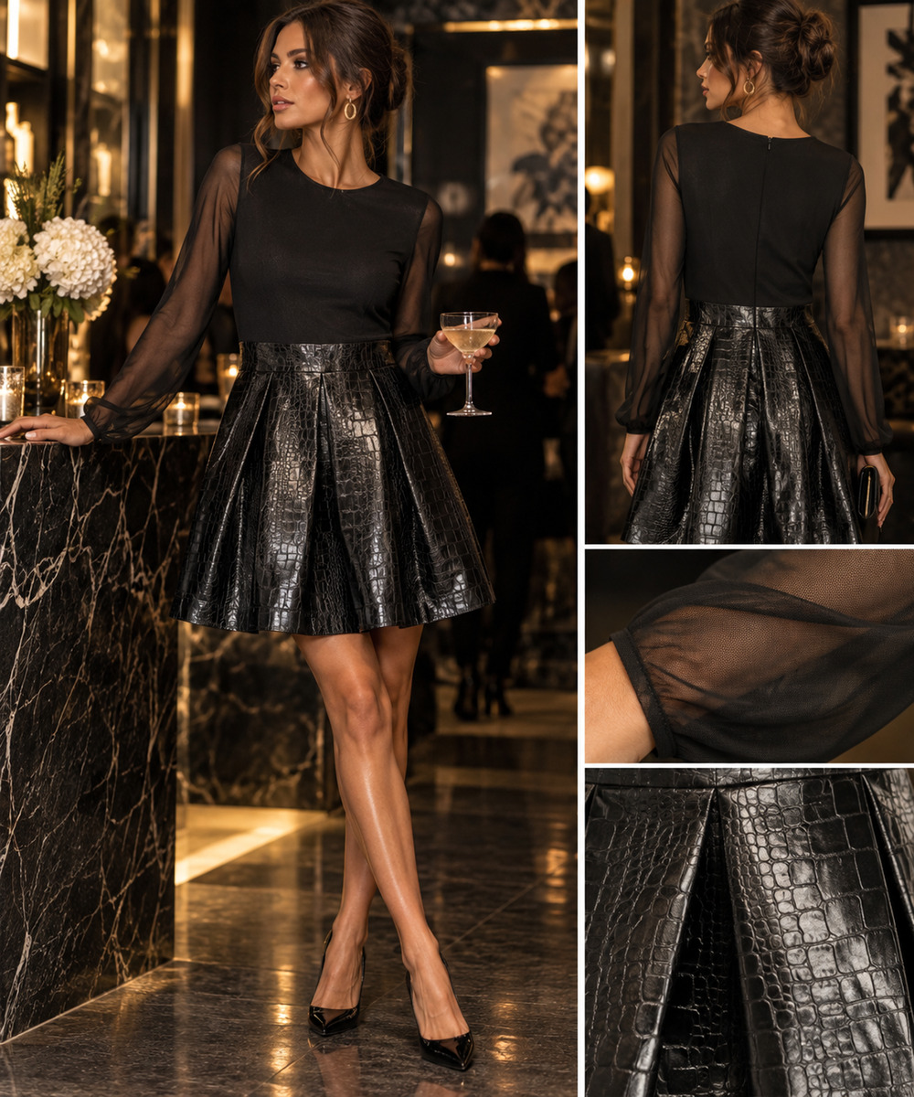 NWT Mac Duggal Ieena Sz 10 Black Mesh Faux Leather Croc A-Line Dress 81070